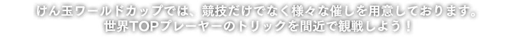 けん玉ワールドカップでは、大会だけでなく様々な催しを用意しております。世界TOPプレーヤーのトリックを間近で観戦しよう！